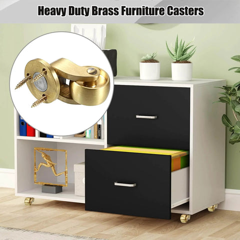4PCS Universal Brass Stem Casters 1 Inch Furniture Caster Wheels next to cabinet, showing swivel feature and metal finish