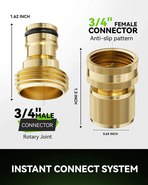 Solid Brass Garden Hose Quick Connect Fittings Three Quarter Inch GHT With No Leak Design Universal Fit showing male and female connectors with measurements