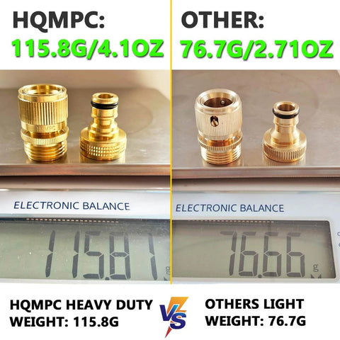Comparison of HQMPC heavy duty brass connectors with other lighter connectors on electronic scales, displaying weights.