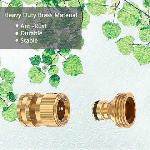 Solid Brass Garden Hose Quick Connectors Set Three Quarter Inch Thread Easy Connect No Leak Universal Fit For Hoses Faucets Pressure Washers And Watering Devices Six Piece Set showing two brass connectors against a leafy background.