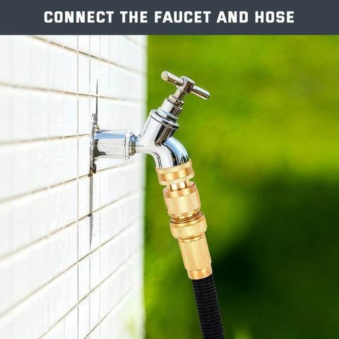Solid Brass Garden Hose Quick Connect Set Three Quarter Inch GHT No Leak Fittings attached to outdoor faucet