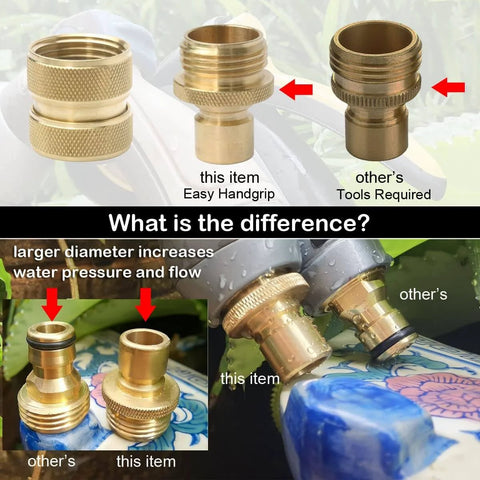 Comparison of brass garden hose quick connect fittings for three quarter inch hoses, highlighting design differences and uses.