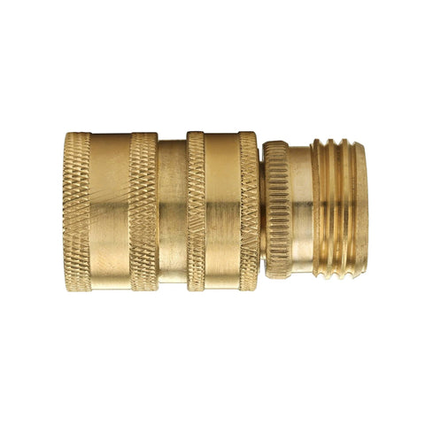 Side view of 2-Pack Solid Brass Garden Hose Quick Connect Fittings, 3/4 Inch GHT, Leak-Free Quick Connector Set, heavy-duty build.