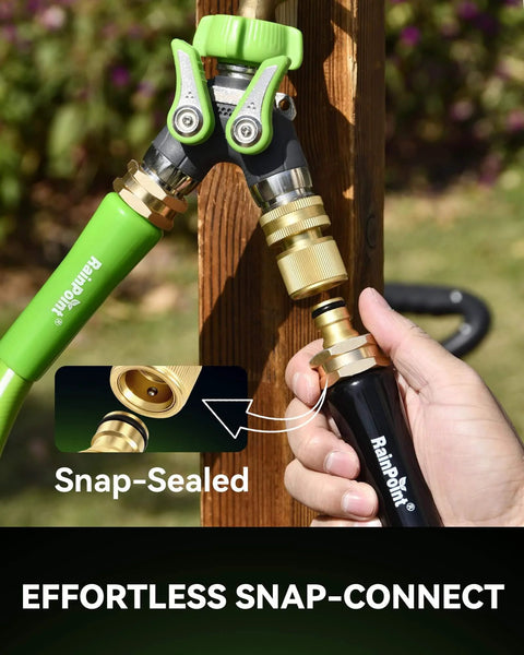 Solid Brass Garden Hose Quick Connect Fittings Three Quarter Inch GHT With No Leak Design Universal Fit connected to garden hose