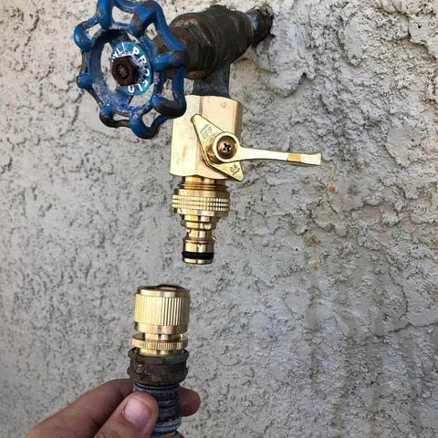 All Brass Garden Hose Quick Connect Fittings Three Quarter Inch GHT Easy Connect Male Only Eight Pack Durable Leak Free Hose Connector Set for Quick Switches and No Fuss Watering installed on outdoor spigot