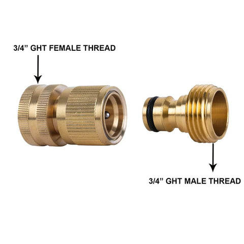 All Brass Garden Hose Quick Connect Fittings Three Quarter Inch GHT Easy Connect Male Only Eight Pack Durable Leak Free Hose Connector Set for Quick Switches and No Fuss Watering showing 3/4 inch GHT female and male threads.