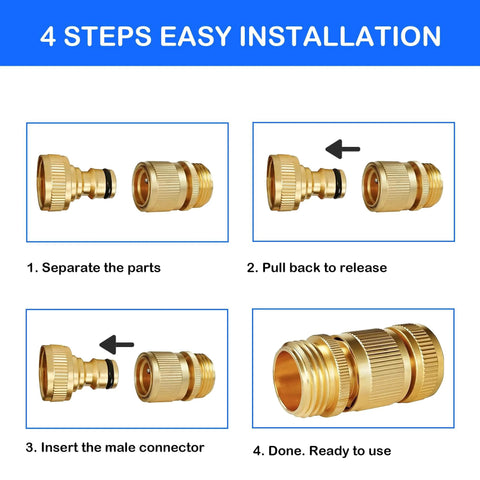4 step guide installing Solid Brass Garden Hose Quick Connect Set Three Quarter Inch GHT Thread No Leak Connectors.