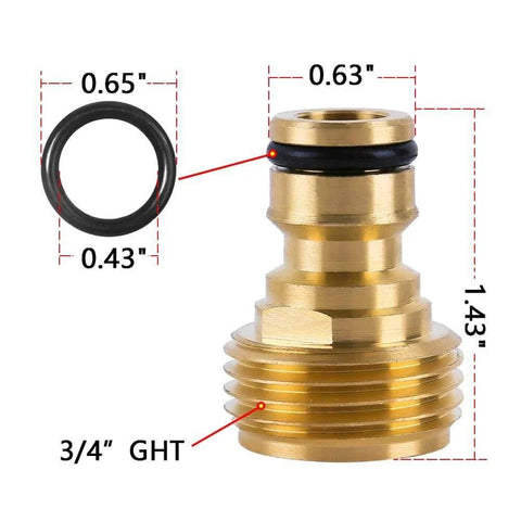 All Brass Garden Hose Quick Connect Fittings Three Quarter Inch GHT Easy Connect Male Only Eight Pack Durable Leak Free Hose Connector Set for Quick Switches and No Fuss Watering showing detailed dimensions.