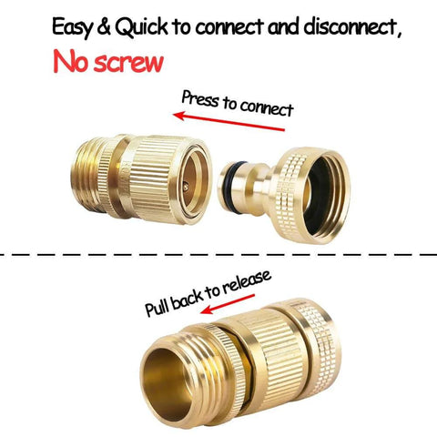 Image showing Solid Brass Garden Hose Quick Connect Set With 3/4 Inch GHT, including male and female connectors with easy snap on instructions.