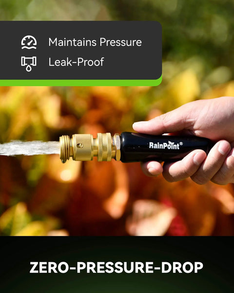 Hand holding garden hose with Solid Brass Garden Hose Quick Connect Fittings Three Quarter Inch GHT With No Leak Design.