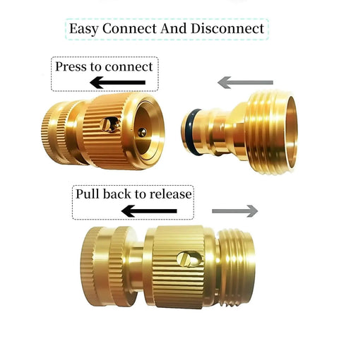 Heavy Duty Brass Garden Hose Quick Connect Fittings 3/4 Inch GHT Rust Resistant Quick Connect Hose Couplings Durable Water Hose Connectors Includes Two Complete Sets shown in connect and disconnect positions.