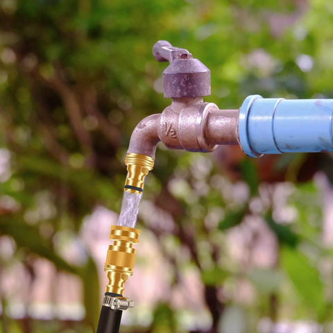 Garden Hose Quick Connector Set Three Quarters Inch GHT Brass No Leak Adapters installed on outdoor faucet