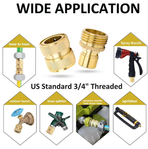 No Hassle Full Flow Brass Garden Hose Quick Release Adapter Fitting with Male and Female Connectors for Outdoor Use
