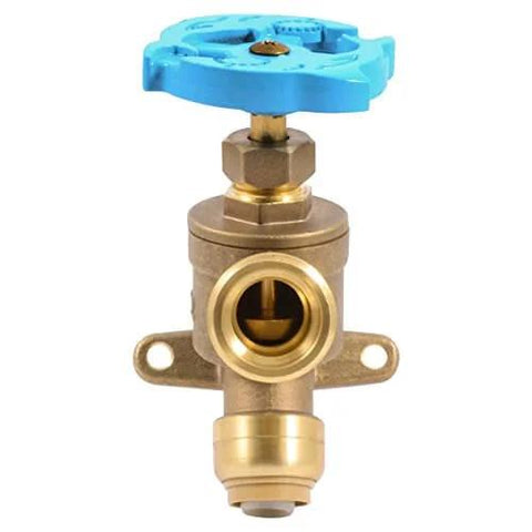 Brass Push To Connect Garden Valve 1/2 Inch By 3/4 Inch MHT with angled handle and mounting tabs, front view.