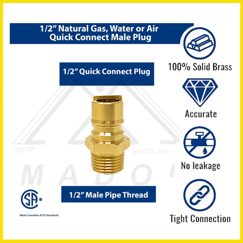 Quick Connect Brass Gas Fitting For Propane And Natural Gas, One Half Inch Male NPT To One Half Inch Male NPT Quick Disconnect