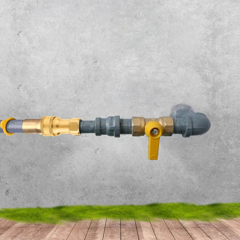Half Inch LP Gas Quick Connect Fittings Kit With Male Insert Plug, installed view, solid brass, natural gas propane disconnect