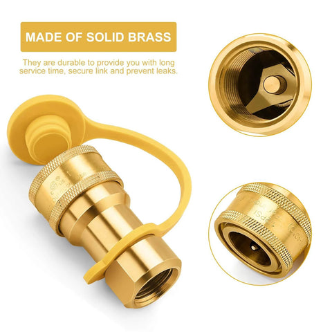 Half Inch LP Gas Quick Connect Fittings Kit With Male Insert Plug, Half Inch Natural Gas Propane Quick Disconnect, 100 Percent Solid Brass Construction, visible with dust cap and internal threading details