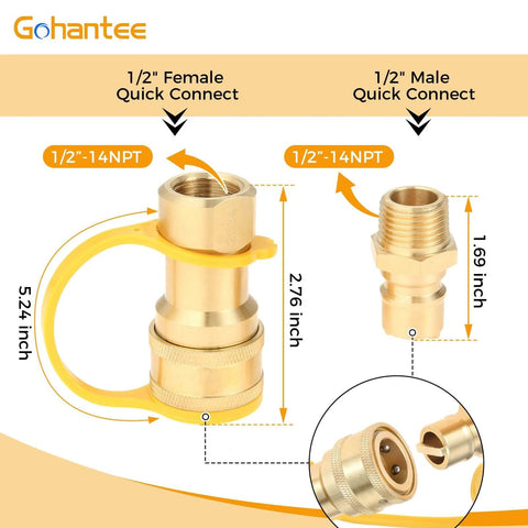 One Half Inch Brass Gas Quick Connect Kit With Male Insert Plug, Natural Gas And Propane Quick Connect Adapter For Easy Hose Hookup, Secure Disconnect With Three Quarter Inch ID Outlet And Standard One Half Inch NPT Threads, showing both male and female connectors