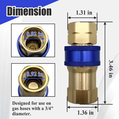 Three Quarter Inch Quick Disconnect Gas Fitting With Automatic Thermal Shutoff For Gas Appliances, A75 Two-Piece Connector with dimensions