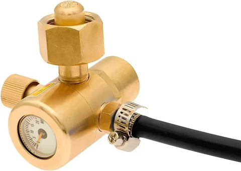 Close-up of brass pressure regulator with attached black hose, showcasing connection details and pressure gauge.