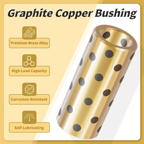 Graphite copper bushing showcasing premium brass alloy and key features such as high load capacity, corrosion resistance, self-lubricating