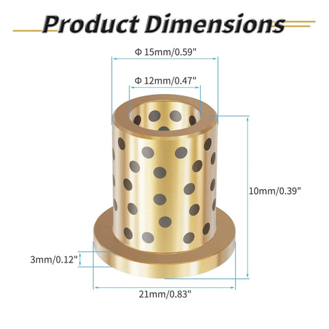 2 Pcs Brass Graphite Wrapped Oilless Bushings JFB Flanged Sleeve Bearings With 12mm ID 15mm OD 10mm Length Flange Dia 21mm dimensions