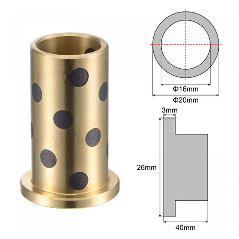 Diagram and image of Flanged Sleeve Bearing 16mm Bore 20mm OD 40mm Length 26mm Flange Diameter 3mm Flange Thickness Brass With Graphite Self Lubricating Oilless Bushing.
