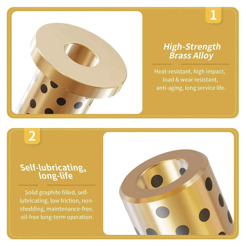 2 Pcs Brass Graphite Wrapped Oilless Bushings JFB Flanged Sleeve Bearings With 12mm ID 15mm OD 10mm Length Flange Dia 21mm Self Lubricating Plain Bearing For Rotating Or Transmission Machinery showing high-strength brass alloy and self-lubricating properties