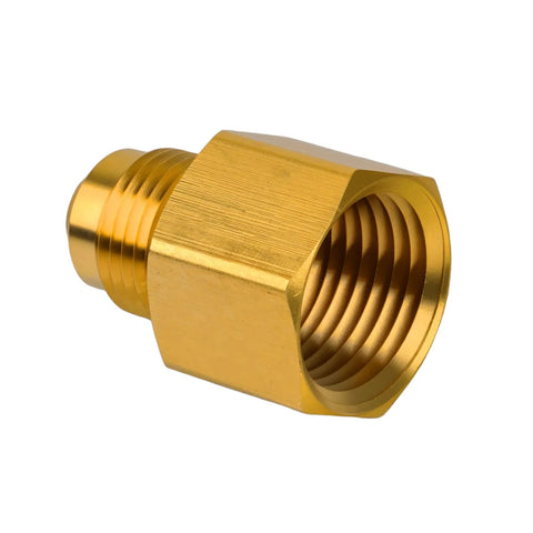 Brass 3/8 inch male flare to 1/2 inch NPT female tube fitting with hex body