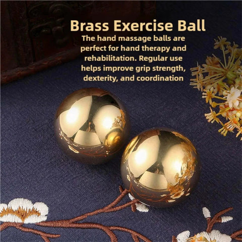 2 Pcs Brass Balls,Hand Therapy Balls on floral fabric with text description, golden solid metal balls for exercise, meditation, stress relief