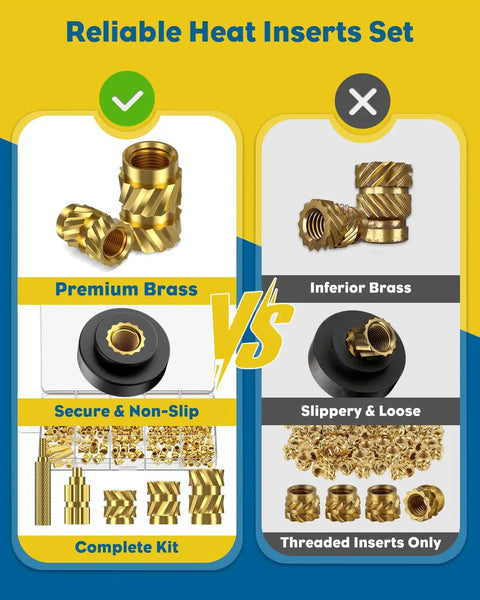 Comparison of brass heat set threaded inserts showing premium secure kit vs inferior loose inserts.