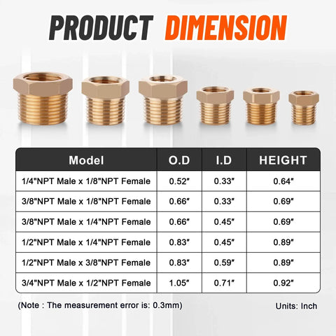 Brass Hex Bushing Fittings Kit 18 Piece Set Pro Grade For Plumbing And DIY Projects With Six Sizes Product Dimensions Chart