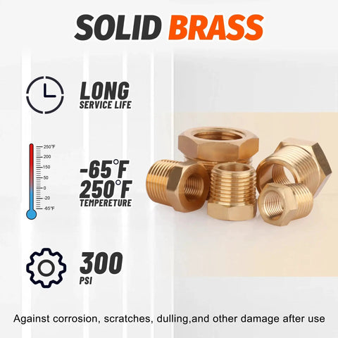 Solid brass fittings from Brass Hex Bushing Fittings Kit 18 Piece Set Pro Grade for plumbing, temperature resistance details shown