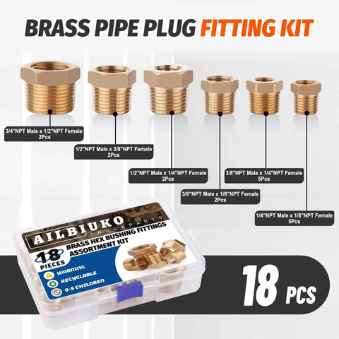 Brass Hex Bushing Fittings Kit 18 Piece Set Pro Grade For Plumbing And DIY Projects With Six Sizes Illustrated in Graphic