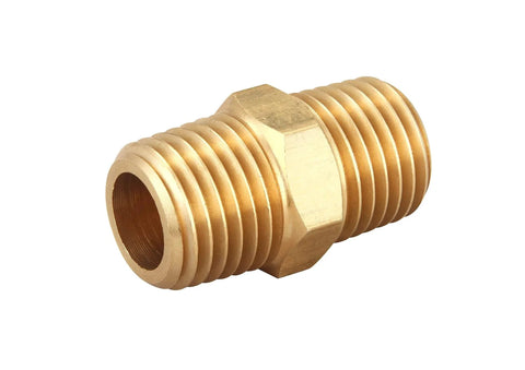 Brass Hex Nipple 1/4 Inch NPT x 1/4 Inch NPT Male Pipe Adapter Set, showing detailed view of brass fitting with hexagonal center.