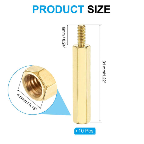 10 Pcs Brass Hex Spacer Screws M2.5 X 25mm And 6mm Brass Hex Standoffs for Drone, Motherboard, and PCB projects, side view.