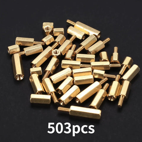 503 Piece M2.5 Brass Hex Spacer Standoff Kit With Male And Female Nuts For Electronics DIY Projects And PCBs on black background