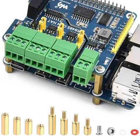 503 Piece M2.5 Brass Hex Spacer Standoff Kit With Male And Female Nuts, shown with electronics, green connectors, and PCB.