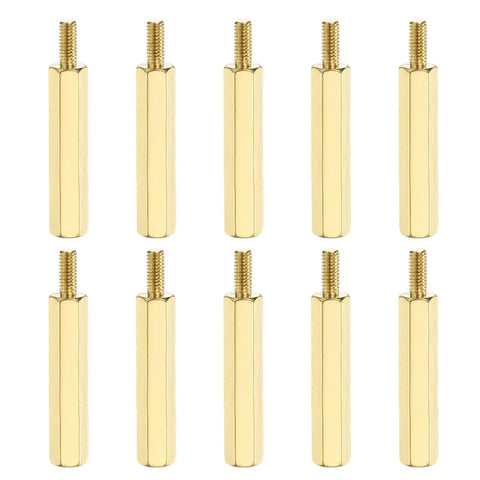 10 Pcs Brass Hex Spacer Screws M2.5 X 25mm And 6mm Brass Hex Standoffs arranged on white background