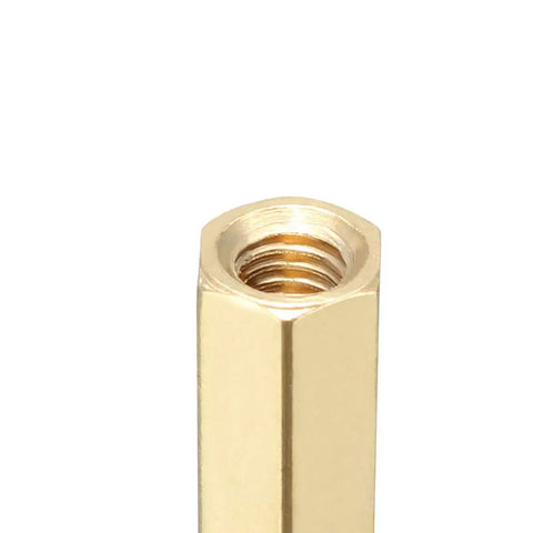 Close-up of Brass Hex Standoff Spacer For PCB Mounting With Female M3 Thread 5mm Hex Head And 45mm Length, gold tone, top view