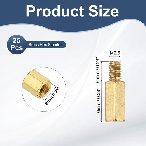 Brass Hex Standoff Set M2.5 Threaded Spacers For PCB Drone Quad Copter And Computer Build 25 Pcs Gold Finish, detailed view.