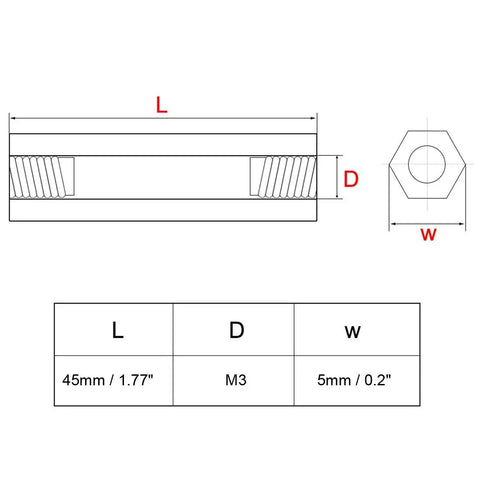 Diagram of Brass Hex Standoff Spacer For PCB Mounting With Female M3 Thread 5mm Hex Head And 45mm Length, showing dimensions.
