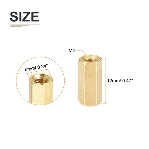 Brass M4 Hex Standoff Spacers 12mm Long 6mm Hex Width 25 Pack Female Threaded Nuts for Electronics and Machinery close-up