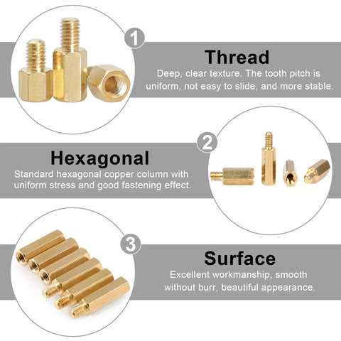 260Pcs M3 Brass Thread Hex Standoff Spacer Assorted Kit With Nuts And Screws For DIY PC Build, showcasing textures and finishes.