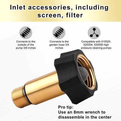 Gosknor brass inlet fitting for Simpson power washer pumps with black collar and mesh screen