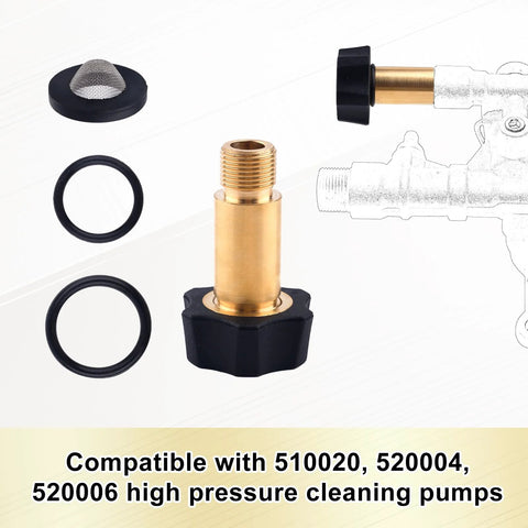 Gosknor brass inlet fitting for high-pressure washer; includes two black O-rings and mesh screen cap.