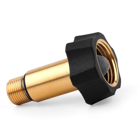 Gosknor brass high-pressure washer inlet fitting with black knurled nut and mesh screen