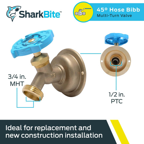 Brass Push To Connect Hose Bibb With 45 Degree Angle, Half Inch By Three Quarter Inch MHT, Multi Turn Shutoff Valve shown