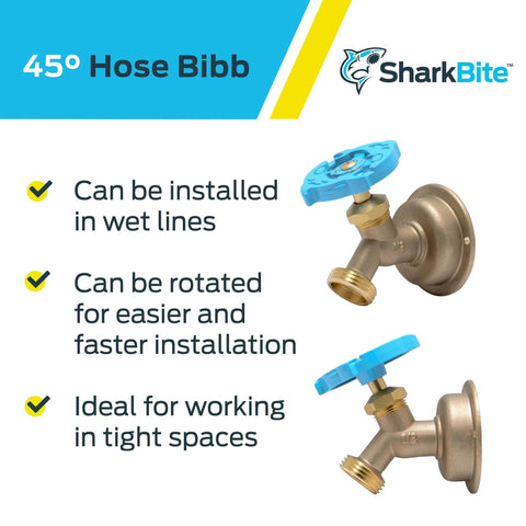 Brass Push To Connect Hose Bibb With 45 Degree Angle, Half Inch By Three Quarter Inch MHT, multi turn valve, PEX Copper CPVC fitting