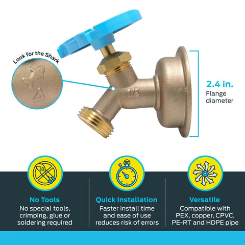 Brass Push To Connect Hose Bibb With 45 Degree Angle, Half Inch By Three Quarter Inch MHT, Multi Turn Shutoff Valve for plumbing.